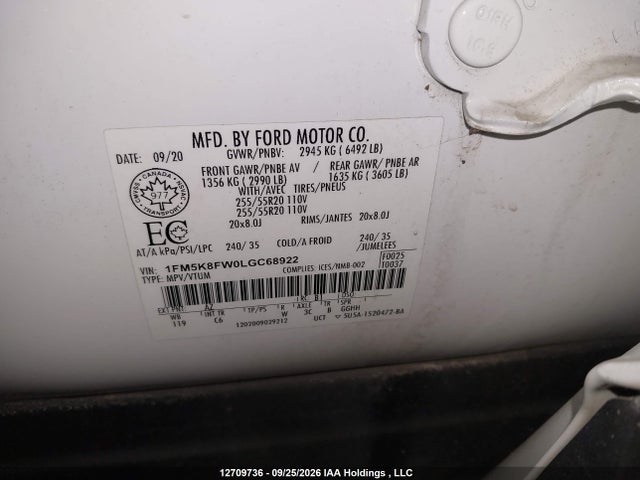 Продаж на аукціоні авто 2020 Ford Explorer Limited, vin: 1FM5K8FW0LGC68922, номер лоту: 12709736