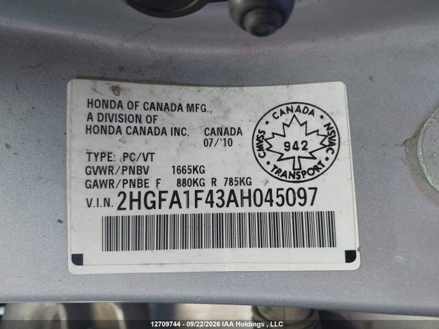 Продажа на аукционе авто 2010 Honda Civic, vin: 2HGFA1F43AH045097, номер лота: 12709744