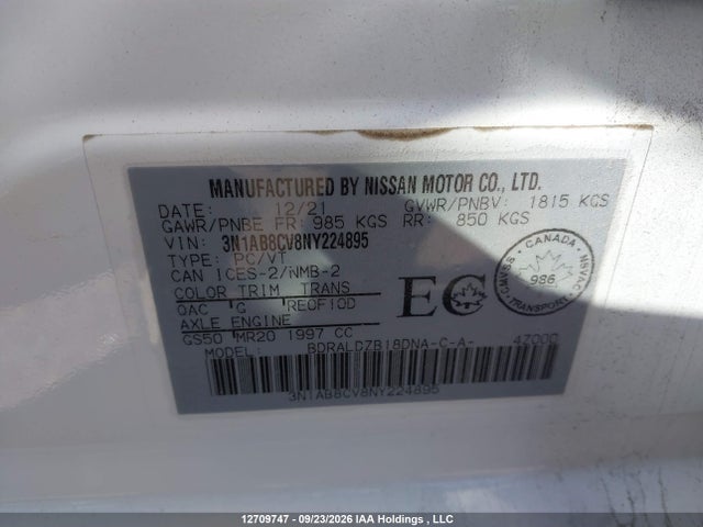 Aukcja sprzedaży 2022 Nissan Sentra Sv, vin: 3N1AB8CV8NY224895, numer aukcji: 12709747