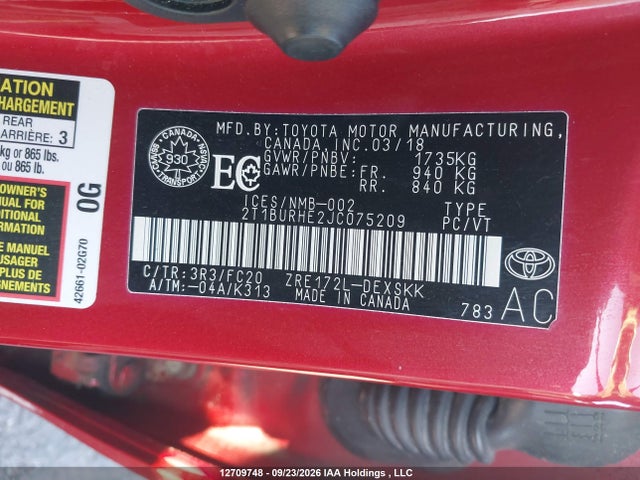 Toyota COROLLA SE 2018 2T1BURHE2JC075209 Image 9