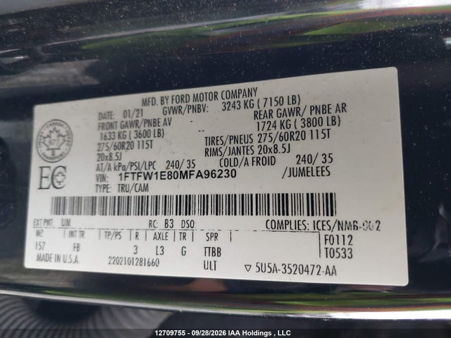 2021 Ford F-150 Xlt მანქანა იყიდება აუქციონზე, vin: 1FTFW1E80MFA96230, აუქციონის ნომერი: 12709755