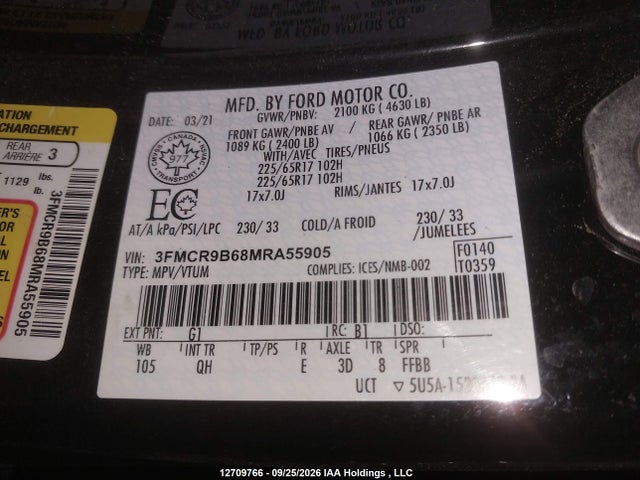 Aukcja sprzedaży 2021 Ford Bronco Sport Big Bend, vin: 3FMCR9B68MRA55905, numer aukcji: 12709766