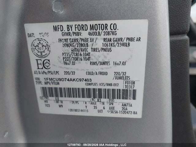Продаж на аукціоні авто 2010 Ford Escape Xlt, vin: 1FMCU9D74AKC97403, номер лоту: 12709793