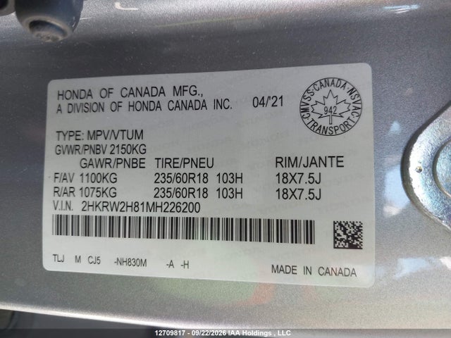 2021 Honda Cr-v Exl მანქანა იყიდება აუქციონზე, vin: 2HKRW2H81MH226200, აუქციონის ნომერი: 12709817