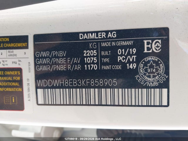 12709819 :رقم المزاد ، WDDWH8EB3KF858905 vin ، 2019 Mercedes-benz C 300 4matic مزاد بيع