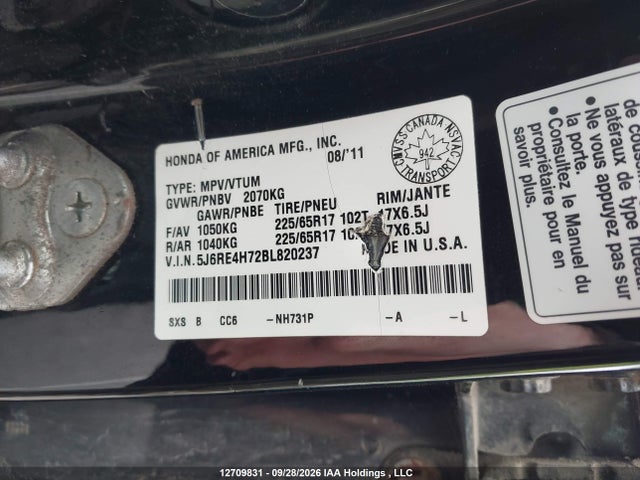 Aukcja sprzedaży 2011 Honda Cr-v Exl, vin: 5J6RE4H72BL820237, numer aukcji: 12709831