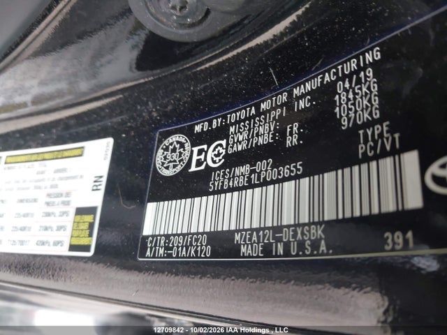 Продажа на аукционе авто 2020 Toyota Corolla, vin: 5YFB4RBE1LP003655, номер лота: 12709842