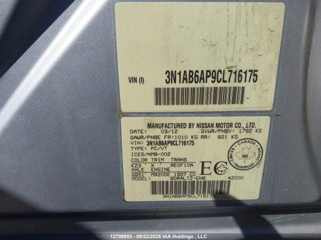 2012 Nissan Sentra 2.0 S მანქანა იყიდება აუქციონზე, vin: 3N1AB6AP9CL716175, აუქციონის ნომერი: 12709853