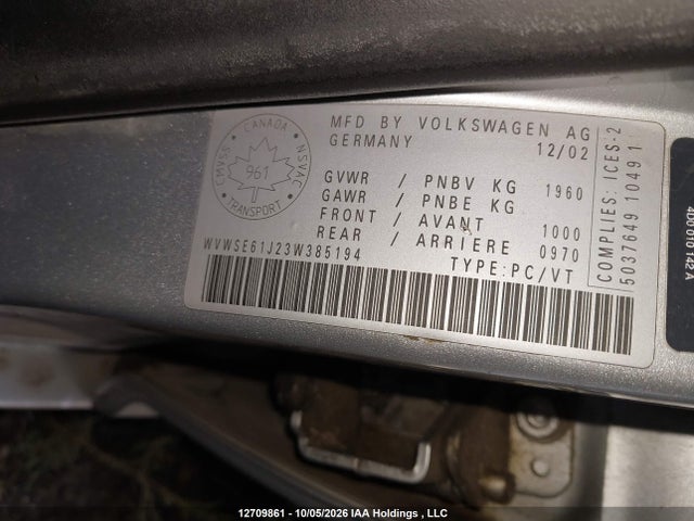 Aukcja sprzedaży 2003 Volkswagen Jetta Gls, vin: WVWSE61J23W385194, numer aukcji: 12709861