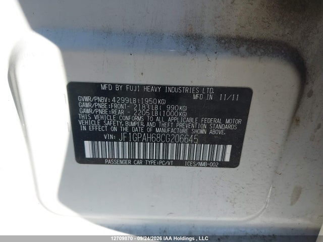 Продаж на аукціоні авто 2012 Subaru Impreza 2.0i Limited Package, vin: JF1GPAH68CG206645, номер лоту: 12709870