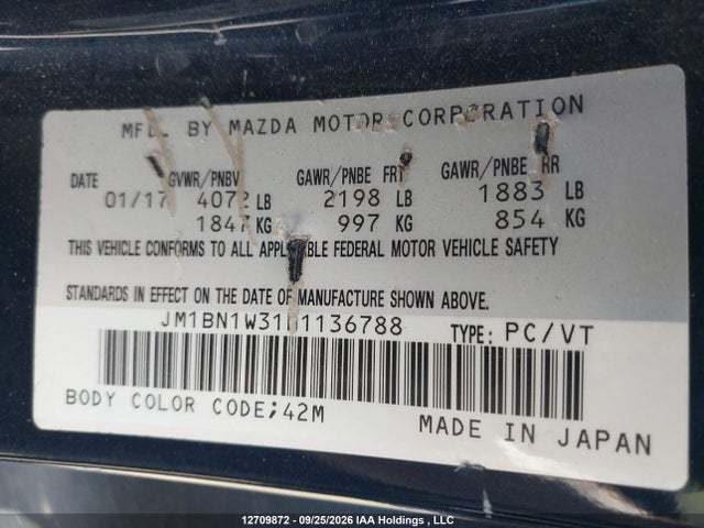 12709872 :رقم المزاد ، JM1BN1W31H1136788 vin ، 2017 Mazda 3 Grand Touring مزاد بيع