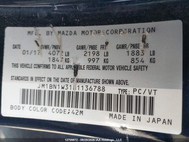 12709872 :رقم المزاد ، JM1BN1W31H1136788 vin ، 2017 Mazda 3 Grand Touring مزاد بيع