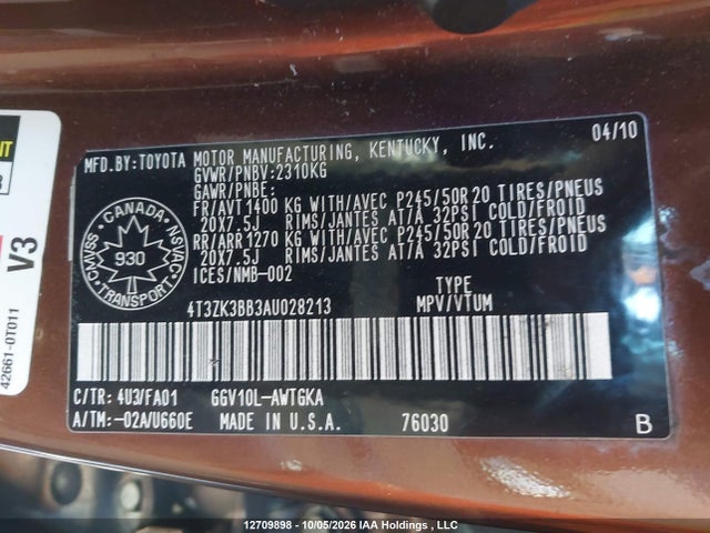 Aukcja sprzedaży 2010 Toyota Venza, vin: 4T3ZK3BB3AU028213, numer aukcji: 12709898