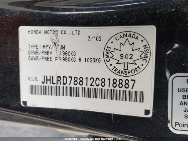 Aukcja sprzedaży 2002 Honda Cr-v Ex, vin: JHLRD78812C818887, numer aukcji: 12709901