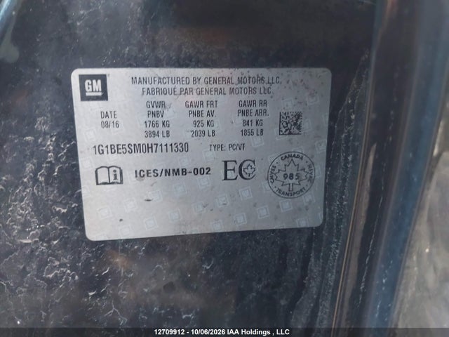 2017 Chevrolet Cruze Lt Auto მანქანა იყიდება აუქციონზე, vin: 1G1BE5SM0H7111330, აუქციონის ნომერი: 12709912