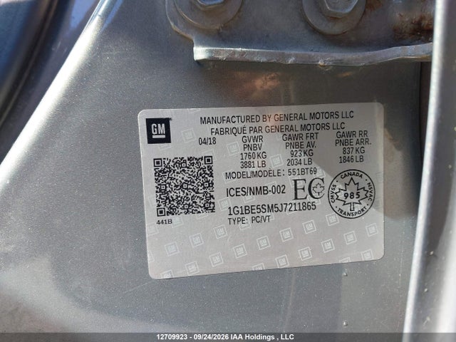 2018 Chevrolet Cruze Lt Auto მანქანა იყიდება აუქციონზე, vin: 1G1BE5SM5J7211865, აუქციონის ნომერი: 12709923