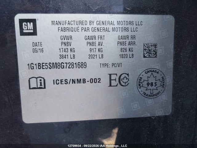12709934 :رقم المزاد ، 1G1BE5SM8G7281689 vin ، 2016 Chevrolet Cruze Lt Auto مزاد بيع