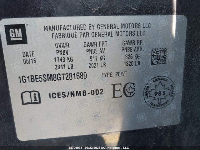 12709934 :رقم المزاد ، 1G1BE5SM8G7281689 vin ، 2016 Chevrolet Cruze Lt Auto مزاد بيع