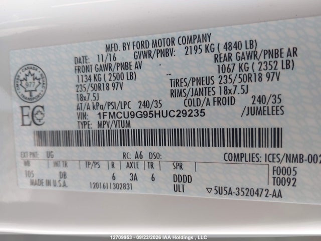 Продаж на аукціоні авто 2017 Ford Escape Se, vin: 1FMCU9G95HUC29235, номер лоту: 12709953
