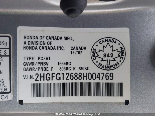 Aukcja sprzedaży 2008 Honda Civic Lx, vin: 2HGFG12688H004769, numer aukcji: 12709958