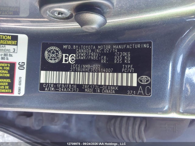 12709978 :رقم المزاد ، 2T1BURHE3EC114007 vin ، 2014 Toyota Corolla Le مزاد بيع