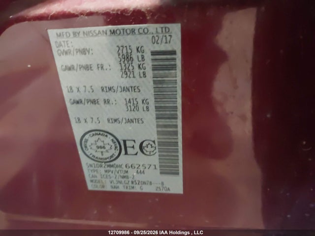 12709986 :رقم المزاد ، 5N1DR2MM0HC662571 vin ، 2017 Nissan Pathfinder مزاد بيع