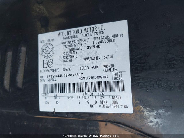 12710009 :رقم المزاد ، 1FTYR44U48PA73517 vin ، 2008 Ford Ranger Super Cab مزاد بيع