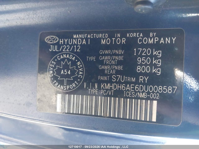 Продажа на аукционе авто 2013 Hyundai Elantra Gls, vin: KMHDH6AE6DU008587, номер лота: 12710017