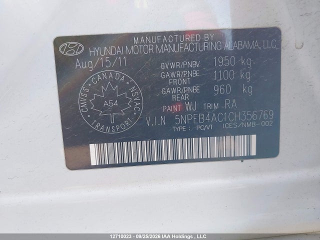 12710023 :رقم المزاد ، 5NPEB4AC1CH356769 vin ، 2012 Hyundai Sonata Gl مزاد بيع