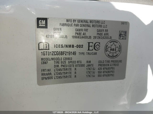 12710028 :رقم المزاد ، 1GT01ZCG6BF219149 vin ، 2011 Gmc Sierra 2500hd Wt مزاد بيع