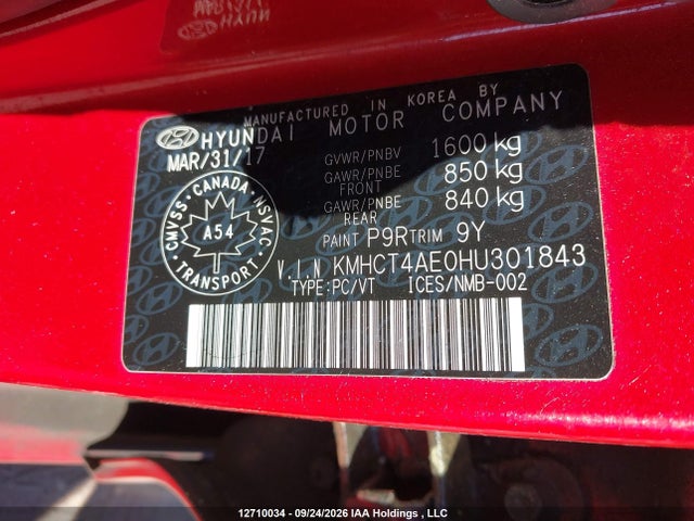 12710034 :رقم المزاد ، KMHCT4AE0HU301843 vin ، 2017 Hyundai Accent Le مزاد بيع