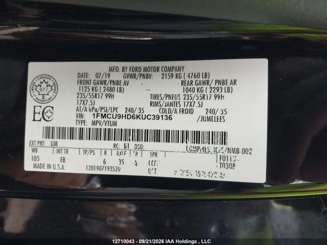 Aukcja sprzedaży 2019 Ford Escape Sel, vin: 1FMCU9HD6KUC39136, numer aukcji: 12710043