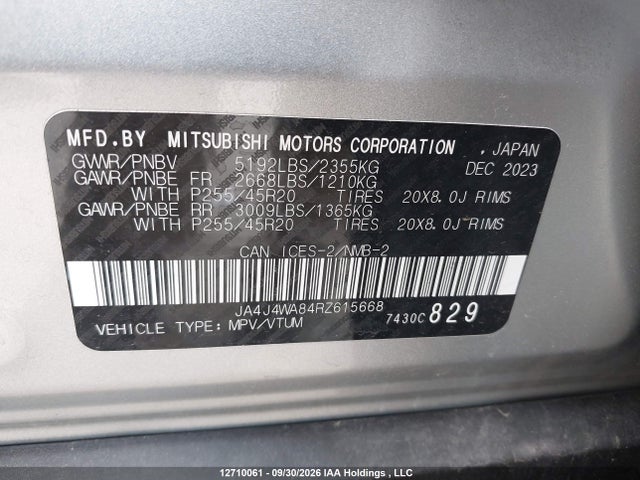 Aukcja sprzedaży 2024 Mitsubishi Outlander Gt/gt Noir/gt Premium, vin: JA4J4WA84RZ615668, numer aukcji: 12710061