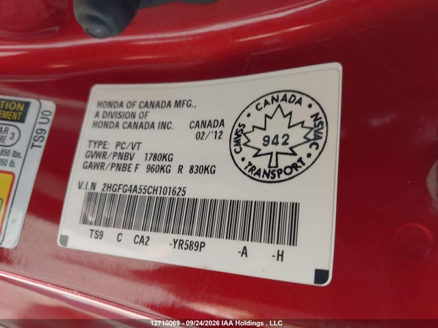 12710069 :رقم المزاد ، 2HGFG4A55CH101625 vin ، 2012 Honda Civic Si Si مزاد بيع