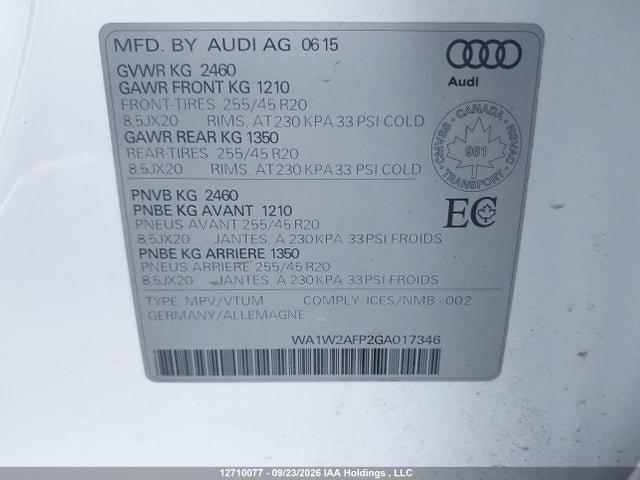 2016 Audi Q5 2.0t Technik მანქანა იყიდება აუქციონზე, vin: WA1W2AFP2GA017346, აუქციონის ნომერი: 12710077