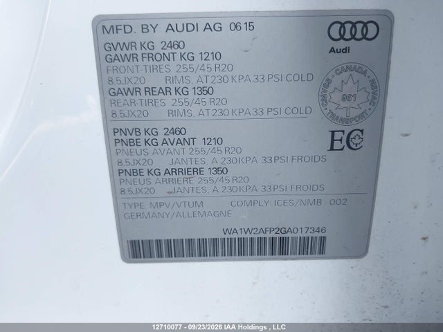 2016 Audi Q5 2.0t Technik მანქანა იყიდება აუქციონზე, vin: WA1W2AFP2GA017346, აუქციონის ნომერი: 12710077