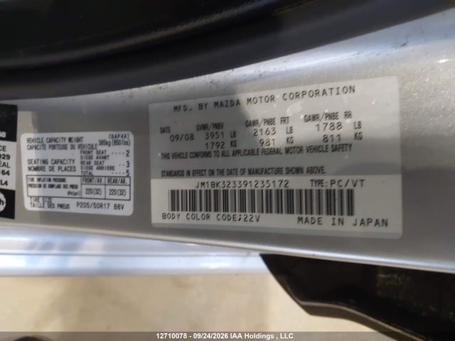 Aukcja sprzedaży 2009 Mazda 3 S, vin: JM1BK323391235172, numer aukcji: 12710078