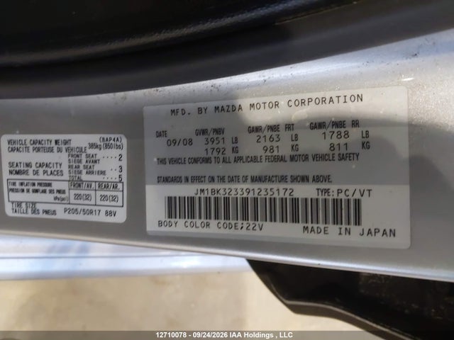 Aukcja sprzedaży 2009 Mazda 3 S, vin: JM1BK323391235172, numer aukcji: 12710078