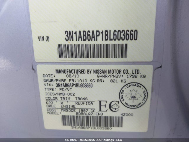 12710097 :رقم المزاد ، 3N1AB6AP1BL603660 vin ، 2011 Nissan Sentra مزاد بيع