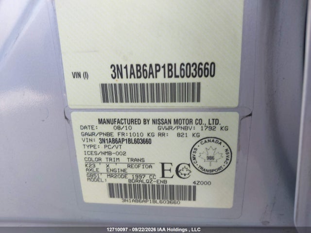 12710097 :رقم المزاد ، 3N1AB6AP1BL603660 vin ، 2011 Nissan Sentra مزاد بيع