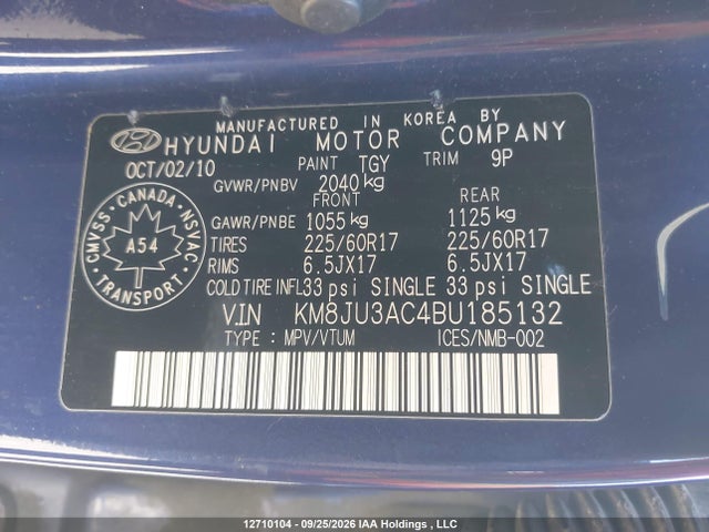 Aukcja sprzedaży 2011 Hyundai Tucson, vin: KM8JU3AC4BU185132, numer aukcji: 12710104