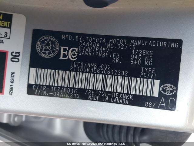 2T1BURHE6GC612382 Toyota Corolla L/le/le Pls/prm/s/s Pls