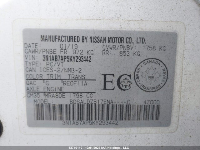 12710110 :رقم المزاد ، 3N1AB7AP5KY293442 vin ، 2019 Nissan Sentra 1.8 S/1.8 Sv مزاد بيع