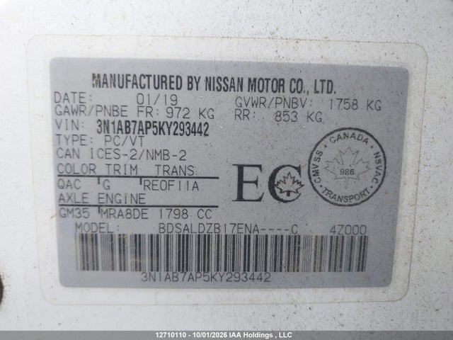 12710110 :رقم المزاد ، 3N1AB7AP5KY293442 vin ، 2019 Nissan Sentra 1.8 S/1.8 Sv مزاد بيع