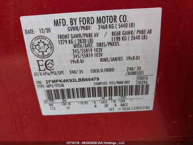 Продаж на аукціоні авто 2020 Ford Edge Titanium, vin: 2FMPK4K92LBB66479, номер лоту: 12710116