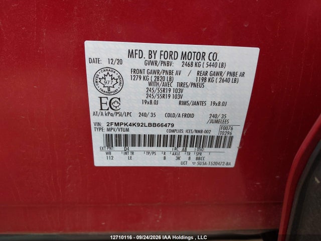 Продаж на аукціоні авто 2020 Ford Edge Titanium, vin: 2FMPK4K92LBB66479, номер лоту: 12710116