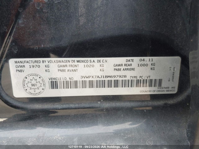 Aukcja sprzedaży 2011 Volkswagen Golf 2.5l Comfortline/2.5l Trendline, vin: 3VWPX7AJ1BM697928, numer aukcji: 12710119