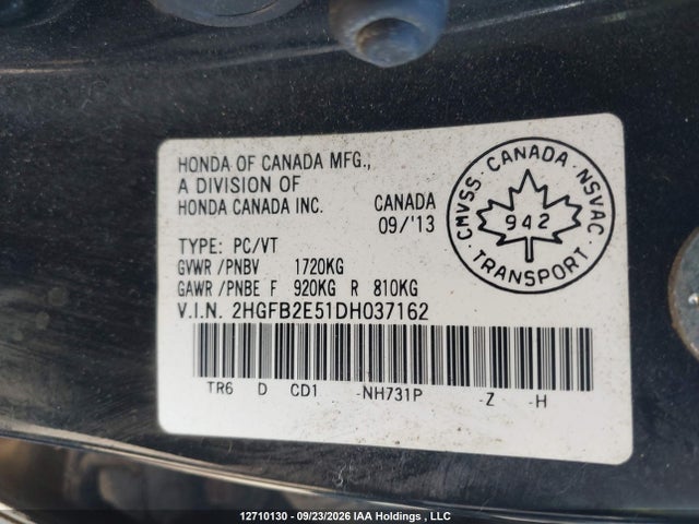 Продаж на аукціоні авто 2013 Honda Civic Lx, vin: 2HGFB2E51DH037162, номер лоту: 12710130