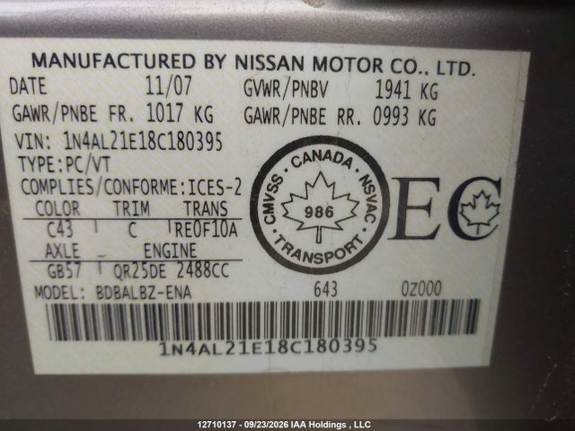 Aukcja sprzedaży 2008 Nissan Altima 2.5/2.5s, vin: 1N4AL21E18C180395, numer aukcji: 12710137