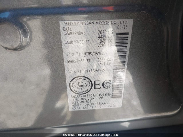 12710139 :رقم المزاد ، 5N1AT2MT3FC856469 vin ، 2015 Nissan Rogue S/sv مزاد بيع